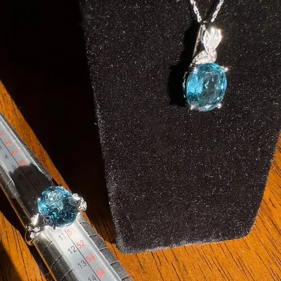 John C Rinker Blue Topaz 18K White Gold Pendant Necklace and Ring w Diamonds
